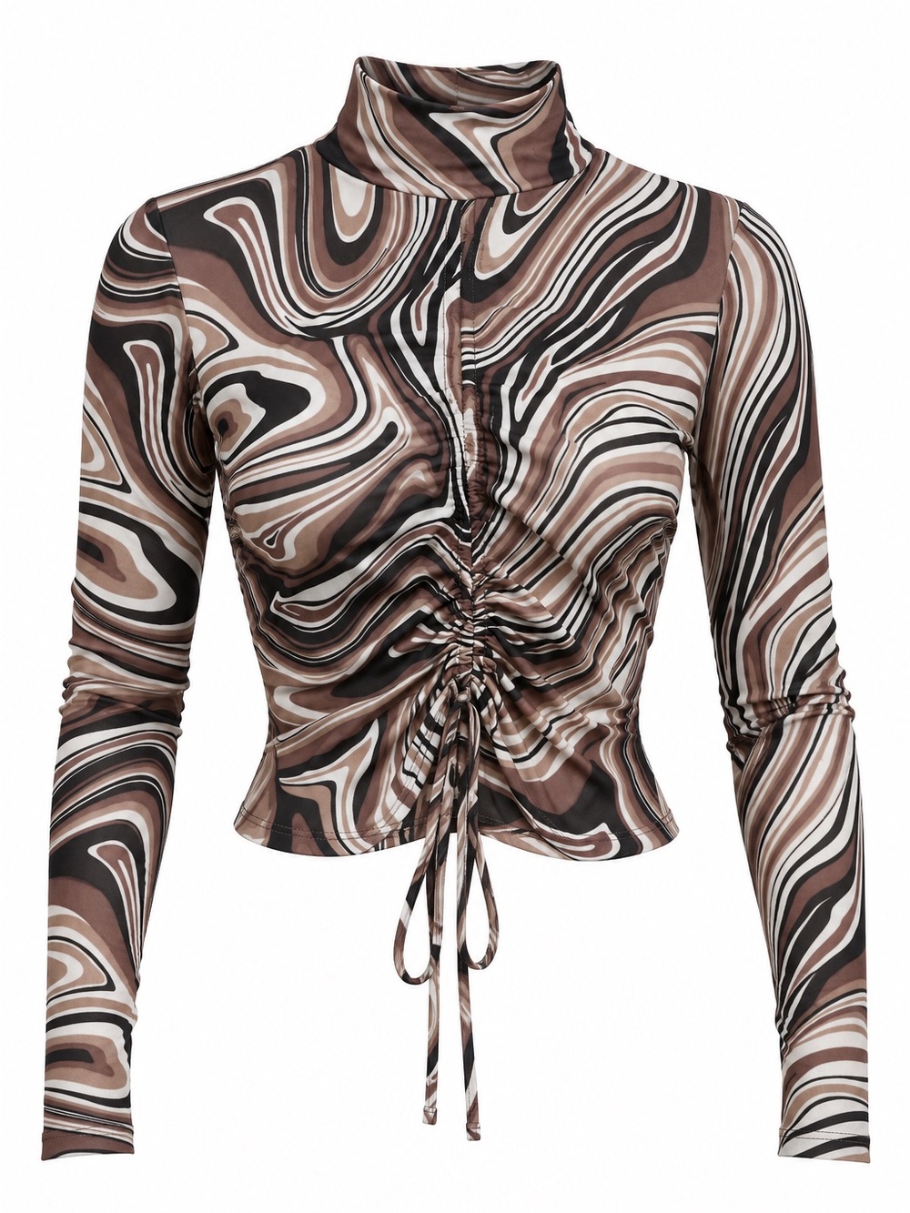 Ruched Marble-Print Long Sleeve Top - Brown